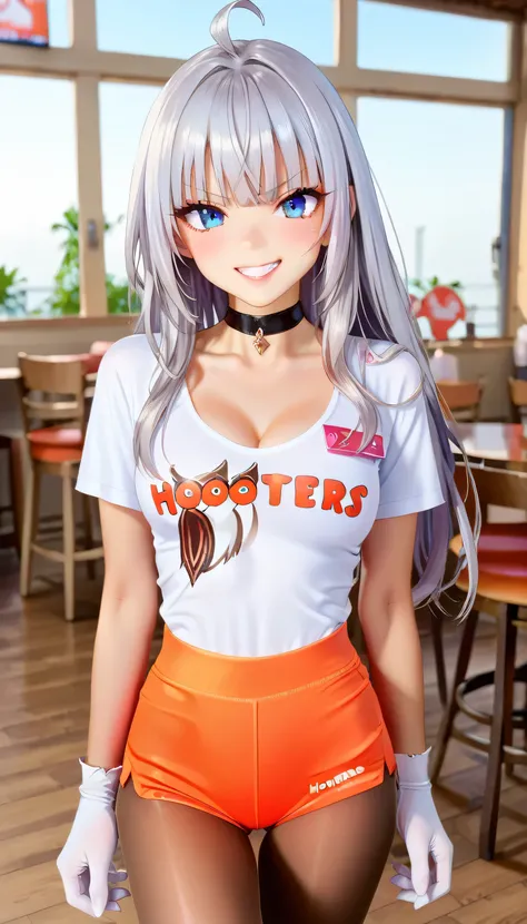 1 Female,High definition,high resolution,8K, alisa mikhailovna kujou (roshidere), 1girl, solo, long hair, silver hair, ahoge, crossed bangs, red hair ribbon, sidelocks, blue eyes, black choker, white gloves, blunt bangs, white shirt, Hooters Uniform , oran...