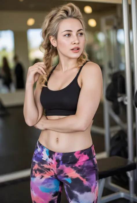 A sexy woman, at the gym, very long thick [pigtails|braided ponytail|curly hair|curtained hair|double bun|drill hair|twin drills|quad drills|side drill|hair behind ear|hair between eyes] hairstyle, [caramel blonde|blonde|silver|grey|brown|light brown|black...