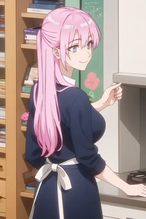  can you draw a woman doing housework，A woman wearing an apron ，Can you draw big breasts，I&#39;Unstable，can you draw a woman with long long sleeve pink hair，can you draw a nice smile,，white blouse，navy blue mini skirt,，OL ，long sleeve pink hair　long hair，L...