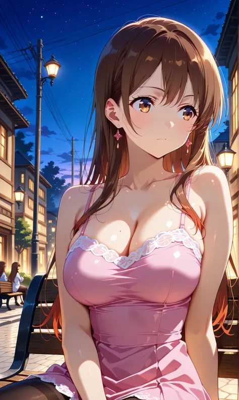  chizuru_mizuhara wearing a pink mini dress and black tights, beautiful,  curvilinear, long hair, bangs, brown hair, brown eyes, light skin, Annoying, stoic,  Sitting on a street bench , Alone, At dusk, (night scene:1.2), drawn in an anime style , upper bo...