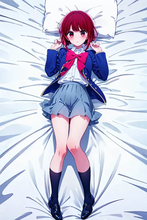 1 person, Arima Kana, high school students, best styles, 8 heads, pretty face, grey miniskirt, black socks, school uniform, white sheets, Lie on your back, embarrassing, Red cheeks, Seducing Men, Full Body