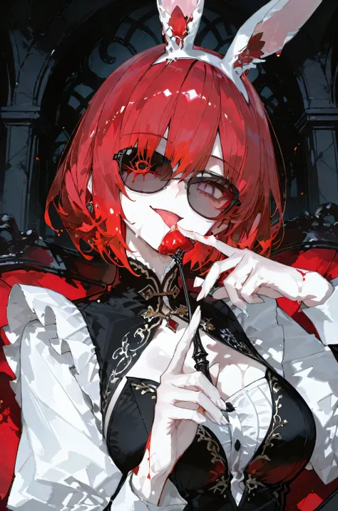 SeaArt Bot HD Restoration SDXL 09:54:33 red haired woman is a mafia boss, Beautiful and soft straight, (Wearing villainous sunglasses), Wearing an amazing white bunny headband, subculture mafia dress, (close one eye, holding a gun, (render, detail, 4K ), ﻿...