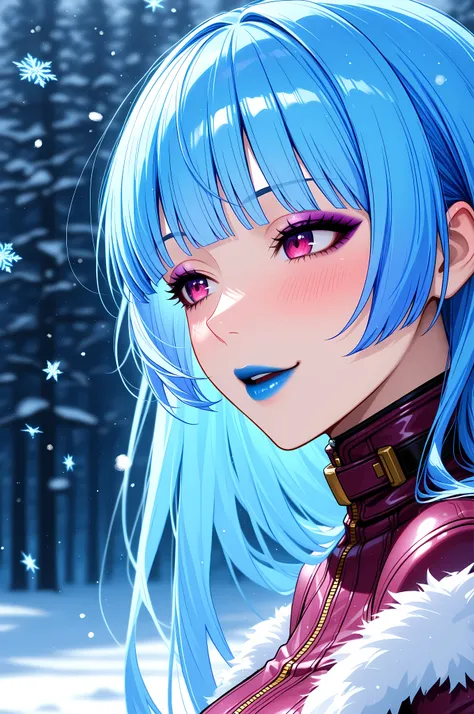 masterpiece, best quality, absurdres, newest, very aesthetic, amazing quality,highres, solo, Kula Diamond \(king of fighters\), blue hair, hime cut, purple eyes, gloves, (1girl), (detailed face:1.2), (detailed eyes:1.3), black eyeliner,purple eyeshadow, bl...