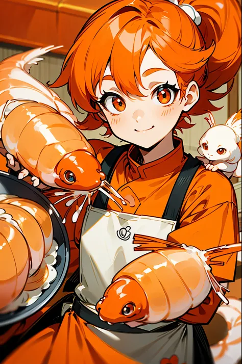 Ebi Monster Beauty、Orange Clothes、Orange Hair、Red round eyes、Smile Yan、upper body close-up、Apron、 bright kitchen、holding a duster holding a frying pan、cooking、Delicious food、has shrimp family members around、A lot of shrimp families