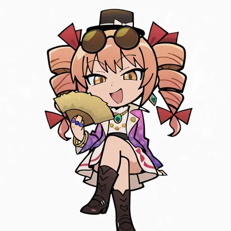sticker, chibi, from front, looking at viewers, upper body,
yorigami jo'on, 1girl, solo, orange hair, drill hair, twin drills,, black hat, eyewear on head, hair bow, red bow, jewelry, white dress, purple jacket, necklace, holding fan, laughing, crossed leg...
