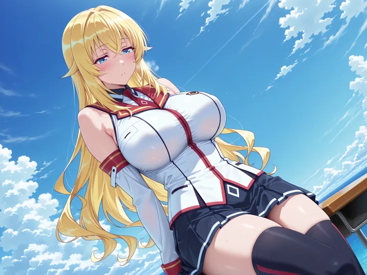 solo,masterpiece,best quality, amazing quality, highres, absurdres, very aesthetic, high resolution, ultra detailed, perfect details,Yurishia Farandole (character), Yurisia school uniform outfit, 1girl, solo, thighhighs, skirt, blonde hair, long hair, zett...