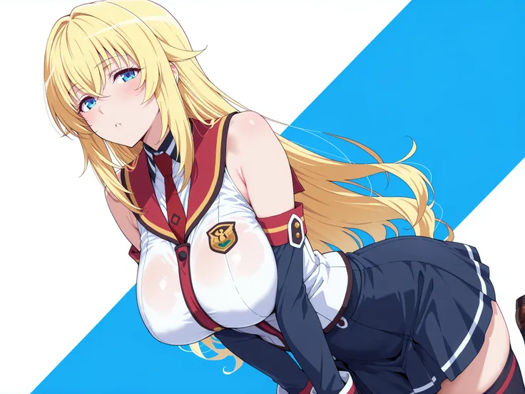 solo,masterpiece,best quality, amazing quality, highres, absurdres, very aesthetic, high resolution, ultra detailed, perfect details,Yurishia Farandole (character), Yurisia school uniform outfit, 1girl, solo, thighhighs, skirt, blonde hair, long hair, zett...