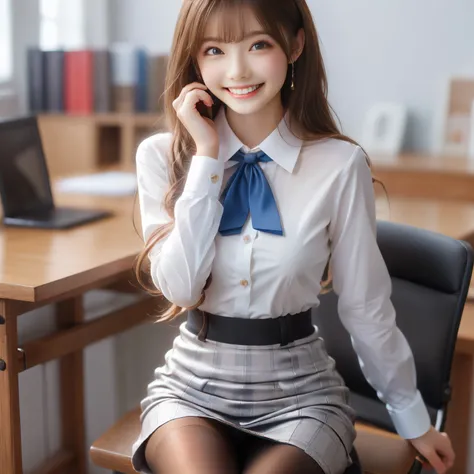 (masterpiece,best quality: 1.4),(8k,raw photo,photo realistic:1.2),shiny skin, detailed skin,detailed face,detailed eyes,Japanese idol,beautiful face, Company, glass office, business desk, business chair, computer, one beautiful girls, well-dressed face,  ...