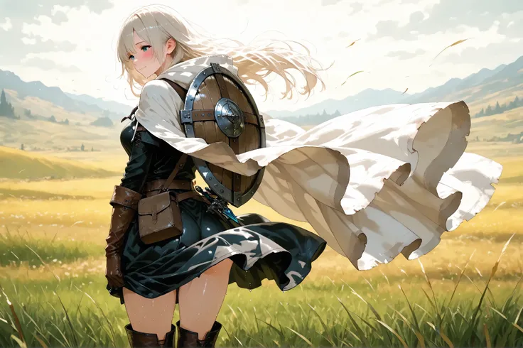 masterpiece, 8k, fantasy world, female character, 1girl, high detailed black tunic, (wind blows skirt up:1.5), leather gloves, leather boots, slender body, medium breasts, white long cloak with hoodie, long hairstyle, thin blond hair, many items, cinematic...