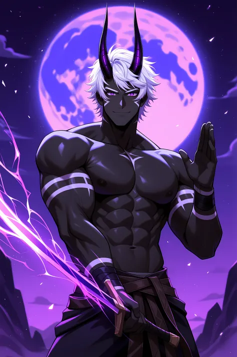 1boy,solo,flora_humanoid, male, black skin, short hair, neatly combed hair, white hair, purple eyes, tribal markings on his cheeks, luminescence,Large pectoral muscles,A huge purple moon,（The crooked horns of the devil-goat:1.5), Holding a sword in one's h...