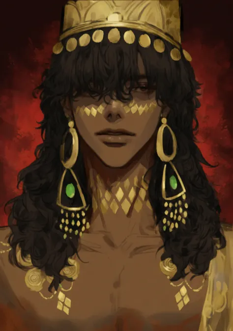 Create a digital illustration of a mysterious male character with long, wavy black hair and a golden headdress adorned with circular decorations. He wears large, elaborate earrings with green gemstones and gold patterns on his neck and chest. The backgroun...