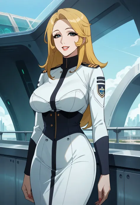 A woman with a lovely smile，Woman with long yellow hair，I'm on a spaceship bridge，even with big breasts and a thin waist，uniform，Please give me an accurate representation of the hands and legs，