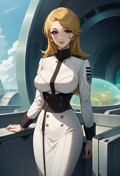 A woman with a lovely smile，Woman with long yellow hair，I'm on a spaceship bridge，even with big breasts and a thin waist，uniform，Please give me an accurate representation of the hands and legs，