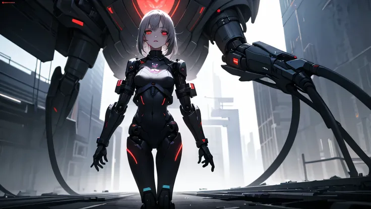 a close-up of a synthetic humanoid girl with hollow, glowing eyes, standing in a sterile, empty white digital landscape, mathematical symbols and glitch fragments floating around her, her expression unreadable, cyberpunk utopia rendered as emptiness, surre...