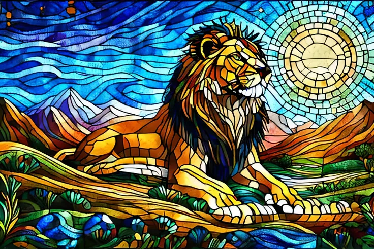 stained glass style, lion, front, The color of the glass is colorful