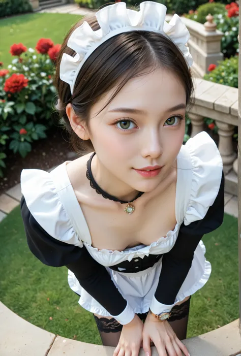 (1人の可愛いyounger)、Maid,I take care of a garden outside a traditional western house,Beautiful Girl Leaning Forward,black lace stockings,from above,viewers,(Smile Yang :0.33), (younger:0.96),(skinny:1.28),(Big breasts:0.61),Japanese