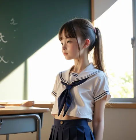 ( white skin:1.0),cute girl,かわいいyounger女の子,slender,short,skinny,slender,thin body,younger,score_7_ up,score_8_ up,score_9,realistic,school uniform,school classroom,ejaculation,small breasts,body,sunlight,Japanese,Beautiful Japanese junior high school stude...
