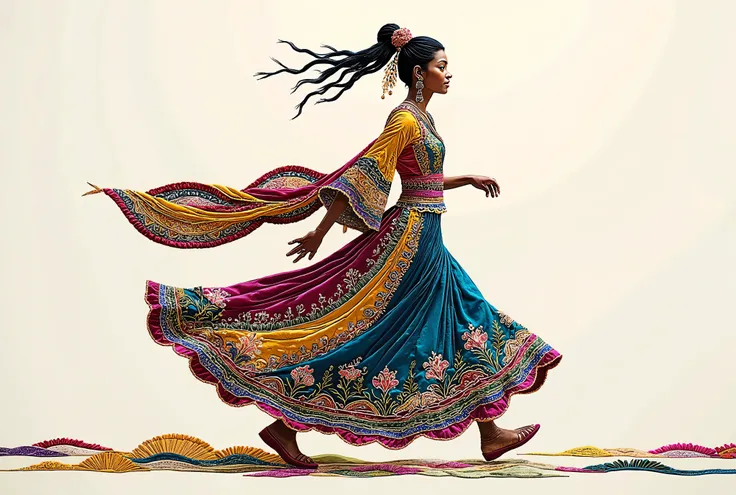 Realistic flat-lay in a colorful Kochi-style dress with sky blue, yellow, and pink embroidery, full figure in motion, dynamic composition, clear cultural outfit details, 2:3 vertical, vibrant lighting