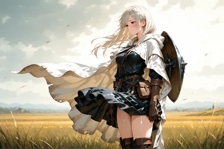masterpiece, 8k, fantasy world, female character, 1girl, high detailed black tunic, (wind blows skirt up:1.5), leather gloves, leather boots, slender body, medium breasts, white long cloak with hoodie, long hairstyle, thin blond hair, many items, cinematic...