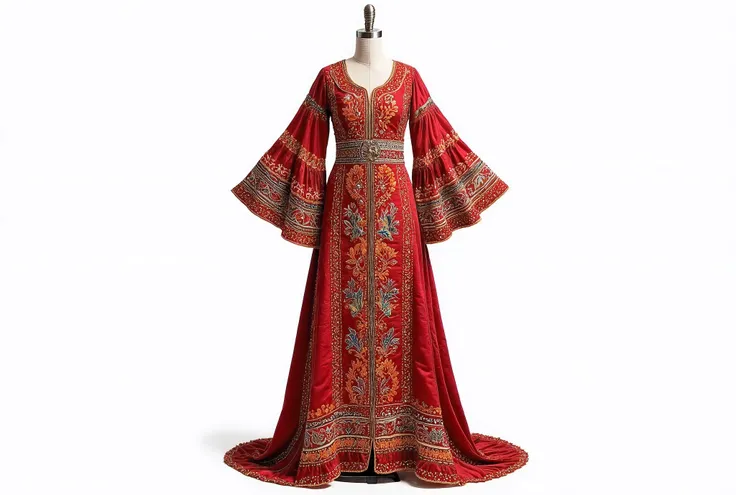 Traditional Afghan Kochi dress displayed on a mannequin, full-length view, detailed embroidery in red, orange, and gold, bell sleeves and flowing skirt, mirror work accents, white studio background, sharp lighting, vertical 2:3, fashion catalog style