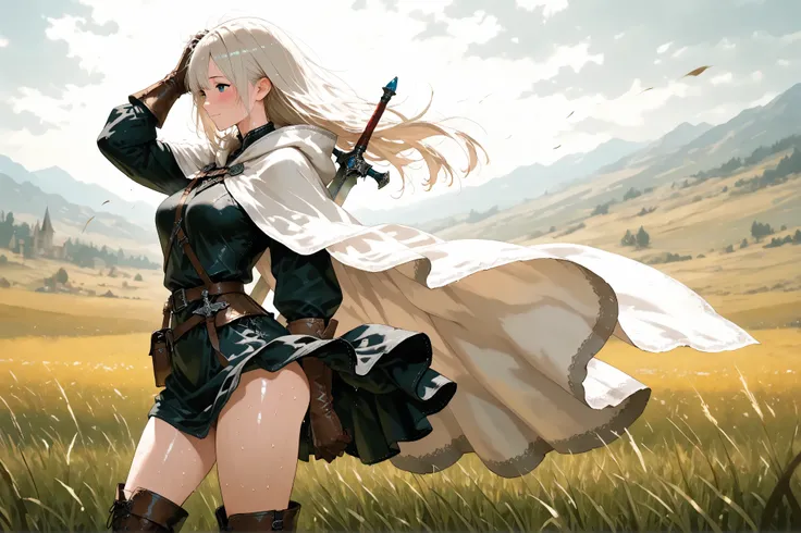 masterpiece, 8k, fantasy world, female character, 1girl, high detailed black tunic, (wind blows skirt up:1.5), leather gloves, leather boots, slender body, medium breasts, white long cloak with hoodie, long hairstyle, thin blond hair, many items, cinematic...