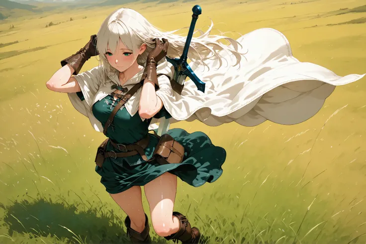 masterpiece, 8k, fantasy world, female character, 1girl, high detailed black cotton tunic, (wind blows skirt up:1.5), leather gloves, leather boots, slender body, medium breasts, white long cloak with hoodie, long hairstyle, thin blond hair, many items, ci...