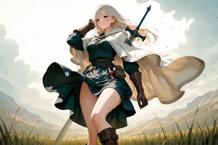 masterpiece, 8k, fantasy world, female character, 1girl, high detailed black cotton tunic, (wind blows skirt up:1.5), leather gloves, leather boots, slender body, medium breasts, white long cloak with hoodie, long hairstyle, thin blond hair, many items, ci...