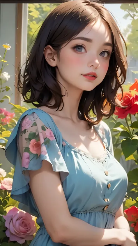 395 ((young woman)),(short hair),(Neat hair),(Ultra High Definition),(floral dress),(Leonardo da Vinci style paintings)