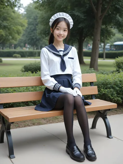 score_9, score_8_up , score_7_up , realistic,  Picture , Detailed face and eyes, detailed depiction of skin facing upward,cute,long sleeve sailor suit you can see when you close the cosplay , maid cap ,white gloves, navy knee-length skirt visible when clos...