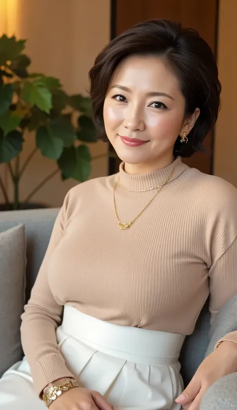 Attractive Mature Woman, ( detailed description of the hair), ( detailed description of the face), ( body that reached its climax ), High Definition , Masterpiece, Top Quality,( She's a Housewife 、Sit on the couch and stare at me with a smile:1.5)、((luxuri...