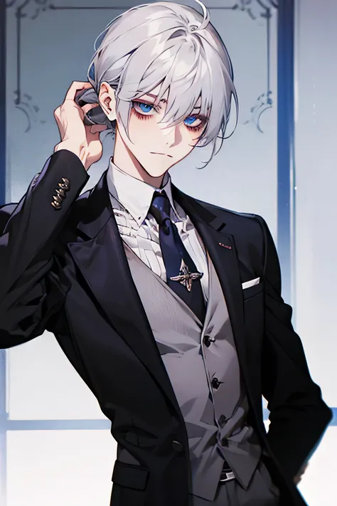 male, loose silver hair with bangs, Low ponytail, Blue eyes close to purple, slender