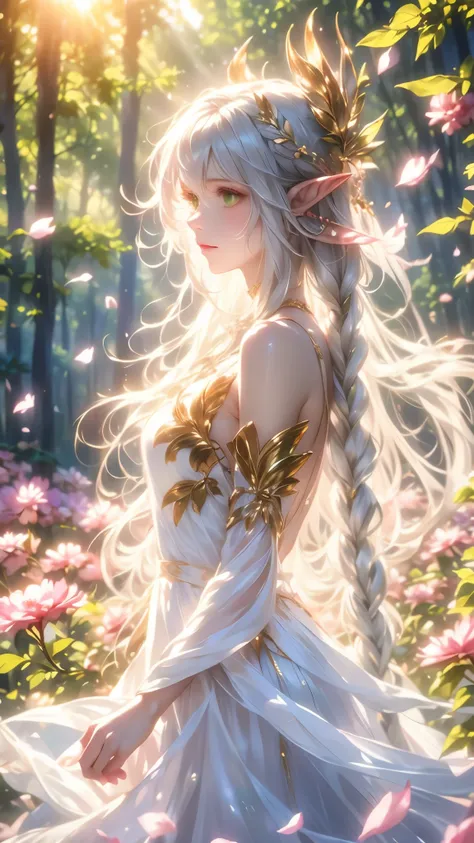 (piece, best quality, High Quality, high resolution, Super Detailed), realistic,,Sweet Girl, The Greater Lord Lucca Devata, (side braids:1.1), long hair,((gray hair)), leaf headdress, (pointed ears), Elf, green eyes, My skin is white, bare skin shoulders, ...