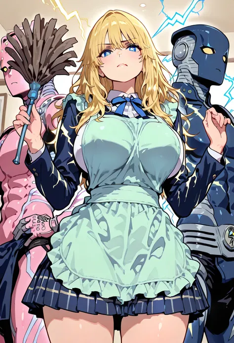 (((((niece)))))、(((Activate the stand by standing)))、school uniform＋Apron、Clothes are scattered in the living room、big boobs、(((Determined Eyes)))、(((stand with a mess all over there)))、(((Pose holding a duster)))、(((lightning effect)))
