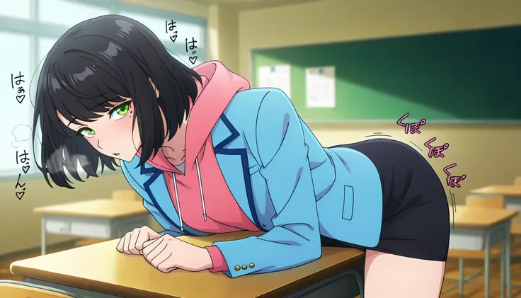 anime screencap, masterpiece, best quality,

1girl, standing, leaning forward, table humping, crotch rub, ecstasy,organism,rough breathing,heavy breathing,sound effects,masturbation,
medium hair, black hair, swept bangs, green eyes, mole under eye,
SongYiS...