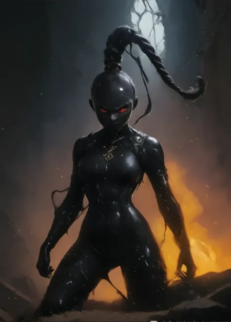 Slender latex slime-bodysuit. Black latex slime-skin-suit/synsuit. Black slime monster-girl. Horror. Cute 18-year-old Asian "venom" slimegirl with big Asian red eyes and slime-braid with white highlights. No mouth. She has a cute and beautiful face in a ti...