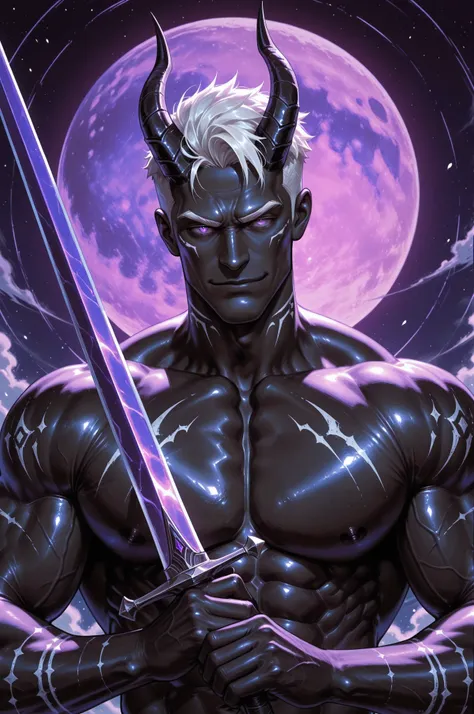 1boy,solo,flora_humanoid, male, black skin, short hair, neatly combed hair, white hair, purple eyes, tribal markings on his cheeks, luminescence,Large pectoral muscles,A huge purple moon,（The crooked horns of the devil-goat:1.5), Holding a sword in one's h...