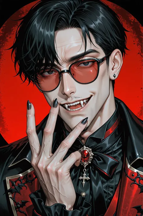 1boy, adult male,  digital portrait of a fashionable anime male vampire with black hair, fangs, and goth clothing; his black eyes are hidden behind red sunglasses, his nails are long and clear, his accessories are ornate and detailed, dramatic,  stylized w...