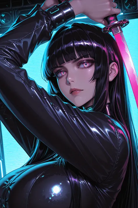 masterpiece, best quality, good quality, absurdres, highres, cyber punk,
BREAK 
1girl, Face Focus, Side Angle, upper body, black hime cut, (magenta eyes), holding Katana pose,dynamic angle, huge breasts
BREAK
Backlight, one side light, cybernetic digital b...