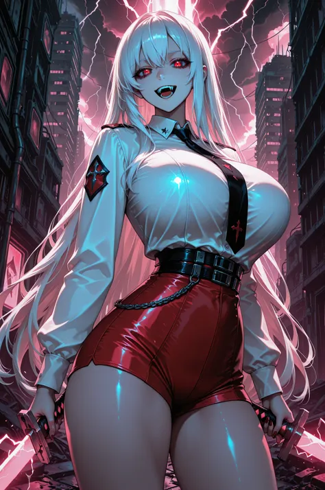 long white hair, vampire, red eyes, uniform, white shirt, tie, red shorts, holding glowing sword, 1girl, solo, vampire fangs, huge breasts, ruined futuristic city, dystopia, lightning storm, pink lighting, volumetric lighting, cinematic lighting,  masterpi...