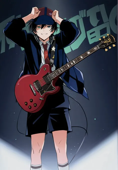 1male,solo,Fudou Akio,short hair,black hair,green eyes,rock hand sign,smile,blue shortsuit,white shirt,red necktie,red cap,white sock,black shose,playing guitar,red guitar,gibson sg angus young,on stage,BOCCHI THE ROCK!