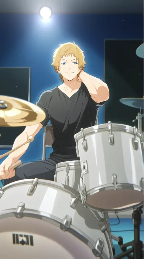 1male,solo,Kouichi Shindou,orenge hair,long hair,blue eyes,smirk,black shirt,black jean,sitting on chair,holding a drum sticks,black drums,music room,