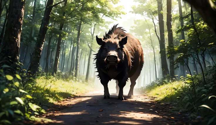 An anime-style wild boar is standing still in the middle of a narrow forest path, completely blocking the way. Its fur is a mix of brown and black, with sharp tusks and an intense, glaring expression. The background shows a dense forest under a cloudy sky,...