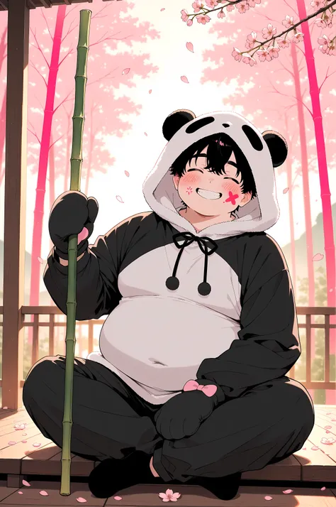 ultra-detailed, vivid colors, absurdres, aesthetic, cinematic lighting, BREAK Adult, 1boy, chubby, wearing a fluffy panda kigurumi, round face, smiling warmly, sitting cross-legged on a wooden porch, cherry blossom petals falling, soft sunset glow, holding...