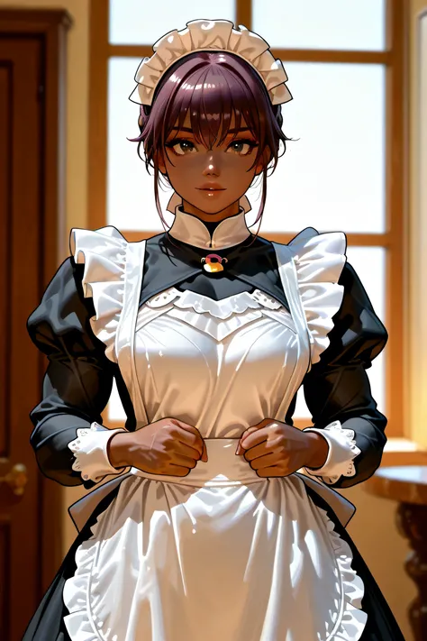 high quality, detailed, photo Realistic, 1 dark skin muscular female maid, maid apron, large muscle, house keeper maid,