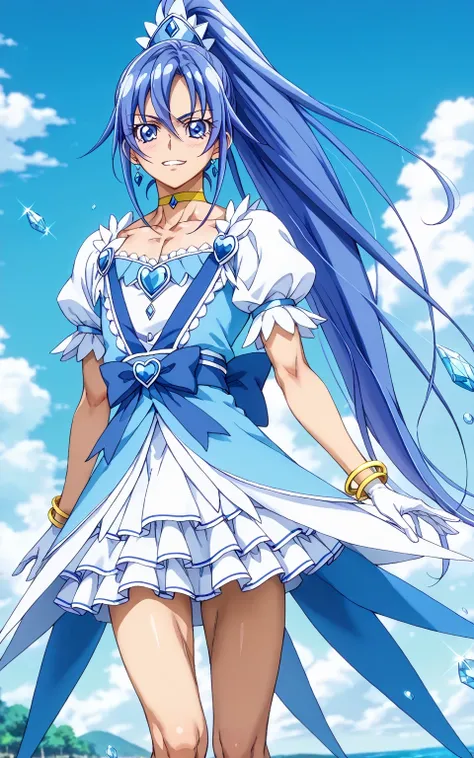score core 8 up、score 7 up、source anime、傑作、Best quality、Best resolution、Best image quality、anime coloring、anime screencap、1boy、cure diamond is a boy、(male:1.5)、solo、boy is wearing a blue dress、long blue hair boy、sparking blue eyes、high long ponytail hair、d...
