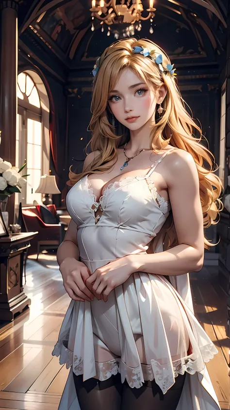   super high resolution,  top quality,  Picture, 4K, ( there is:1.4),  Girl with a wreath on her head,  LONG BLONDE HAIR 、 24-Year-Old White Female 、 long eyelashes、 eyeshadow、 lip gloss、 blue eyes、 Surrounded by、Scandinavian furniture with lace embellishm...