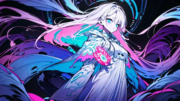 a mid-distance shot of a mysterious young woman standing in a surreal psychedelic space, her body partially dissolving into swirling letters, symbols, and glowing language particles, with fractal grammar trees and liquid color patterns spreading behind her...