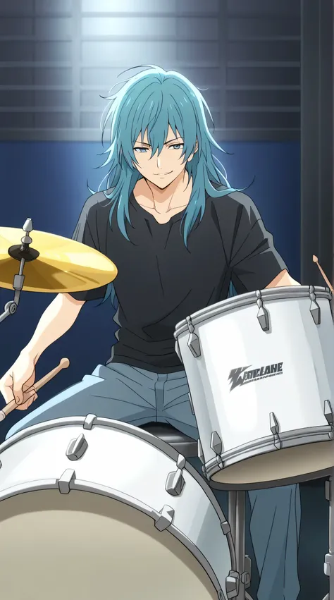 1male,solo,Kouichi Shindou,orenge hair,long hair,blue eyes,smirk,black shirt,black jean,sitting on chair,holding a drum sticks,black drums,music room,