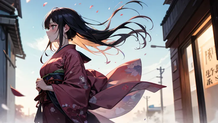 a close-up of a mysterious Japanese girl with windswept hair, walking through a neon-lit alley at dawn, shown in profile or turning her head slightly to reveal her side face, wearing a traditional patterned shawl over modern clothes, glowing talismans and ...