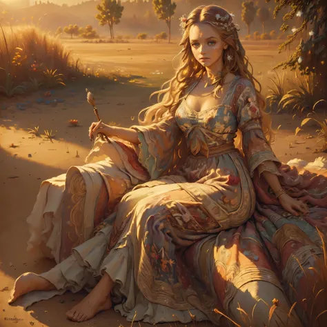 bohemian girl, free-spirited stylish woman, elegant and dreamy, stunning oil painting style portrait, soft brushstrokes, painterly texture, delicate facial features, symmetrical beautiful face, expressive hazel eyes with glistening highlights, glowing natu...